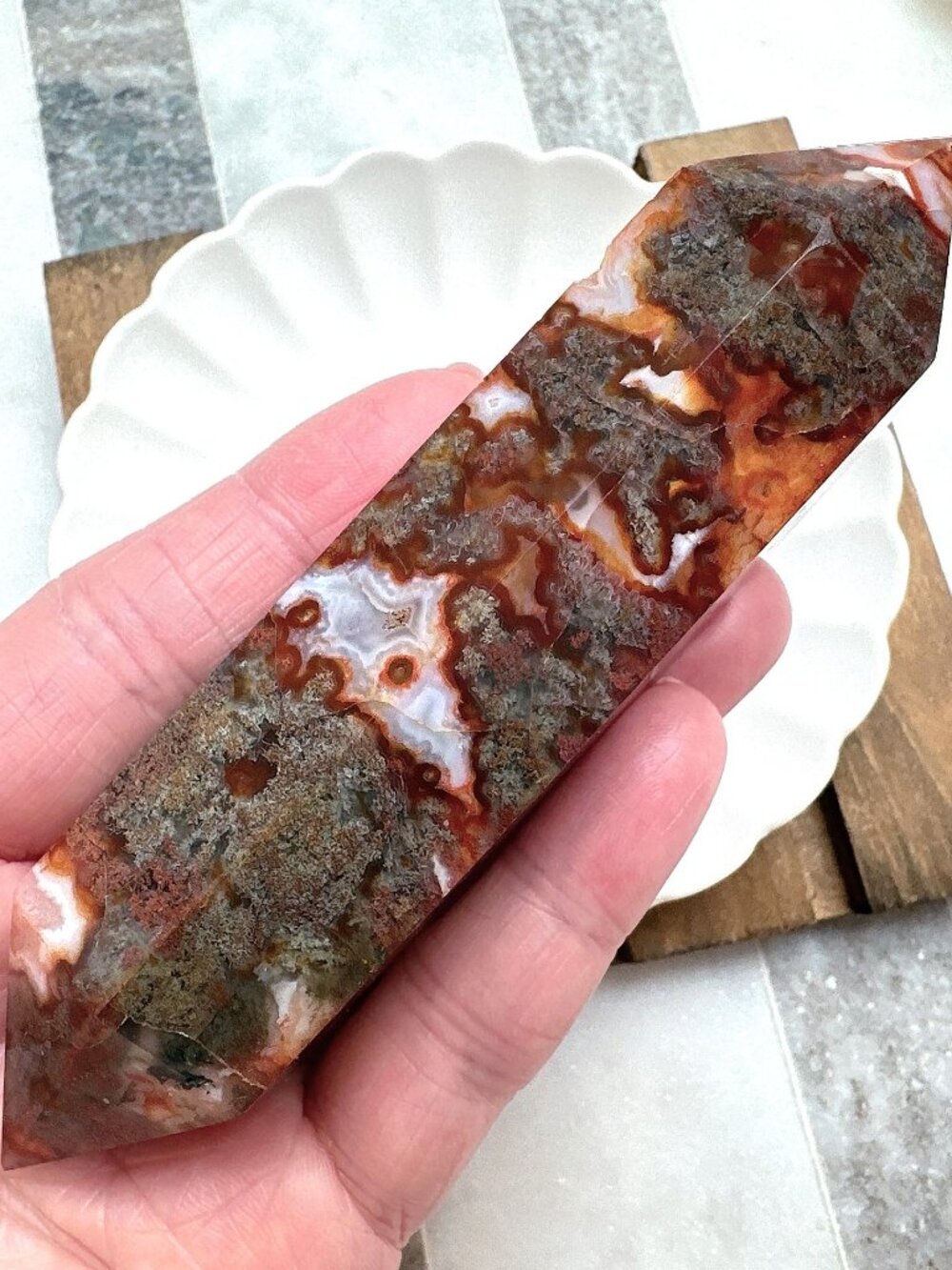 Gorgeous Carnelian with Moss Agate Double Terminated Point